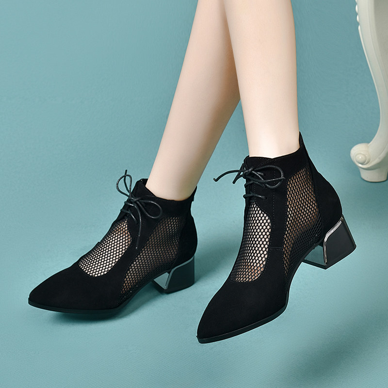 春季鞋子新款网纱拼接尖头粗跟单鞋夏季休闲气质真皮软底女士皮鞋