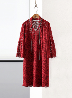 ise专柜正品深红色复古宽松喇叭袖蕾丝连衣裙有内搭P1810745-1689