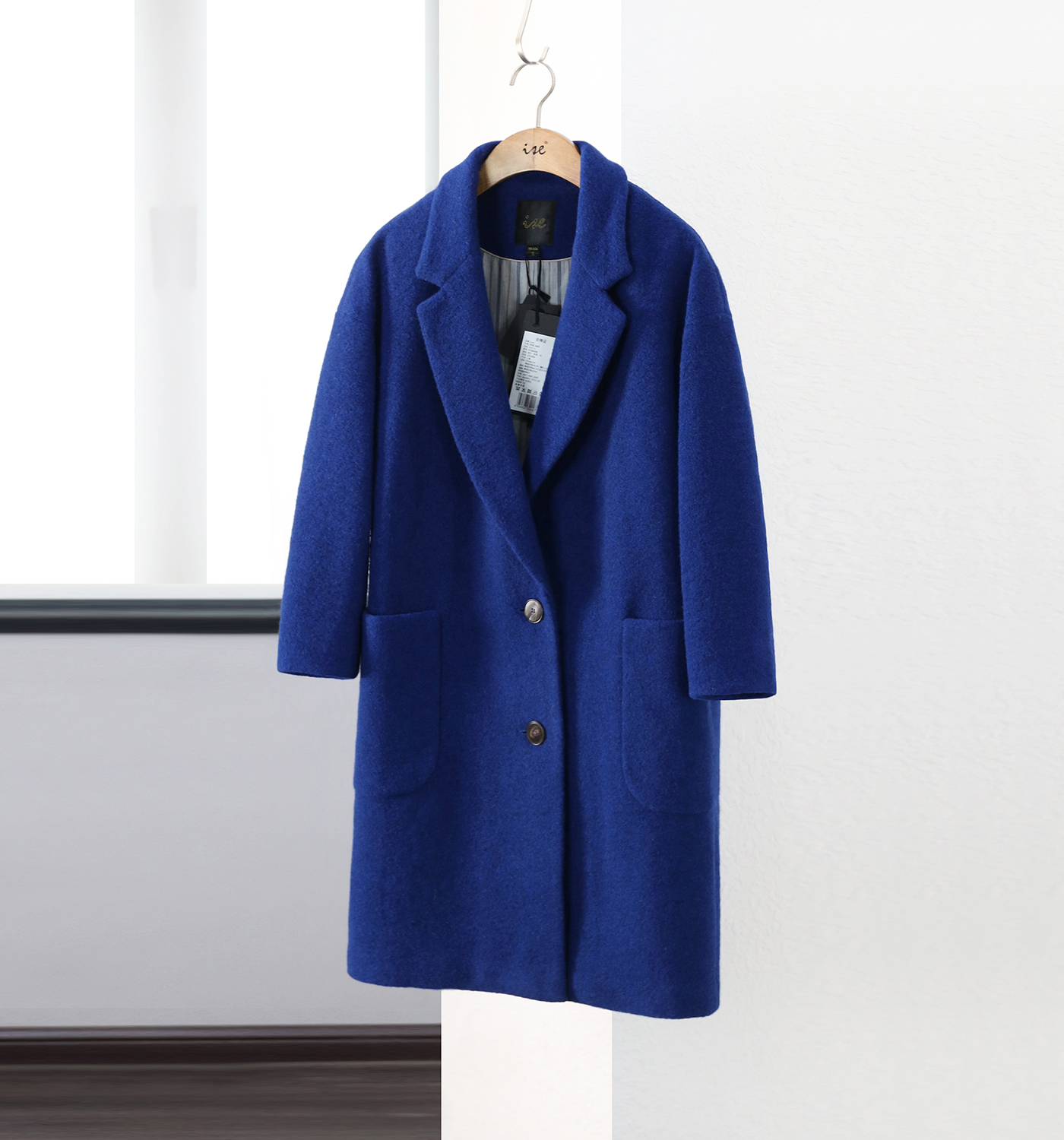 清仓特惠ise专柜正品冬季宝蓝色中长款羊毛西装领毛呢大衣1540346