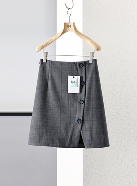 ise专柜品牌深灰色高腰格子显瘦百搭简约A字半身中裙P1940516-989