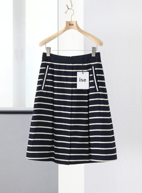 ise正品蓝黑色秋冬高级气质简约洋气撞色插兜百搭A字半裙P1840501
