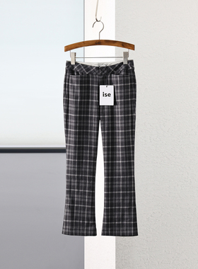 ise专柜正品深灰色轻薄透气格子微喇中腰时尚显瘦九分裤P1930628