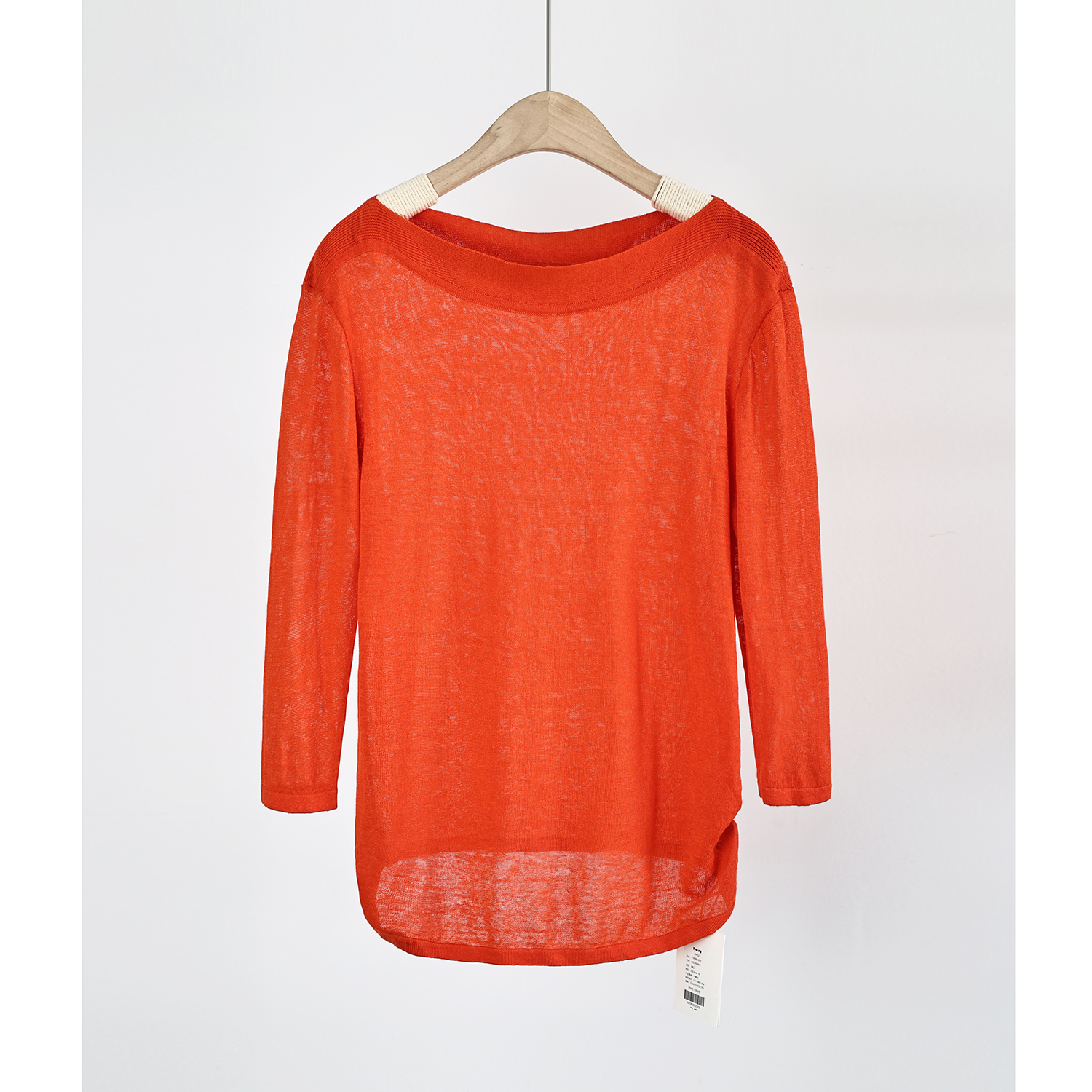 四季款一字领橘红色亚麻打底衫高级气质舒适亲肤针织套头毛衣女