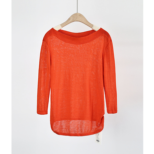 四季款一字领橘红色亚麻打底衫高级气质舒适亲肤针织套头毛衣女