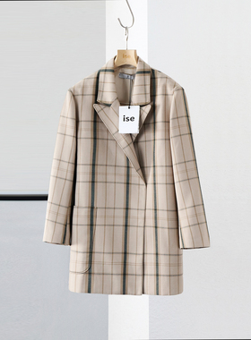 ise专柜正品秋冬米灰色撞色格子暗扣翻领中长款风衣外套P1810207