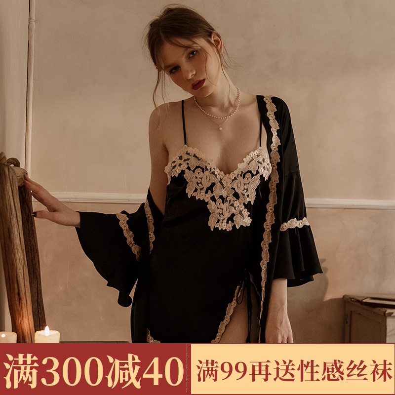 澄澈性感睡衣女士夏季薄款冰丝睡袍吊带睡裙两件套洋气家居服套装