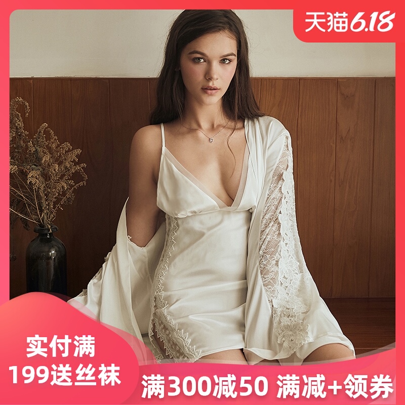 睡袍女薄款冰丝性感睡衣骚镂空蕾丝日式和风浴衣结婚新娘晨袍伴娘