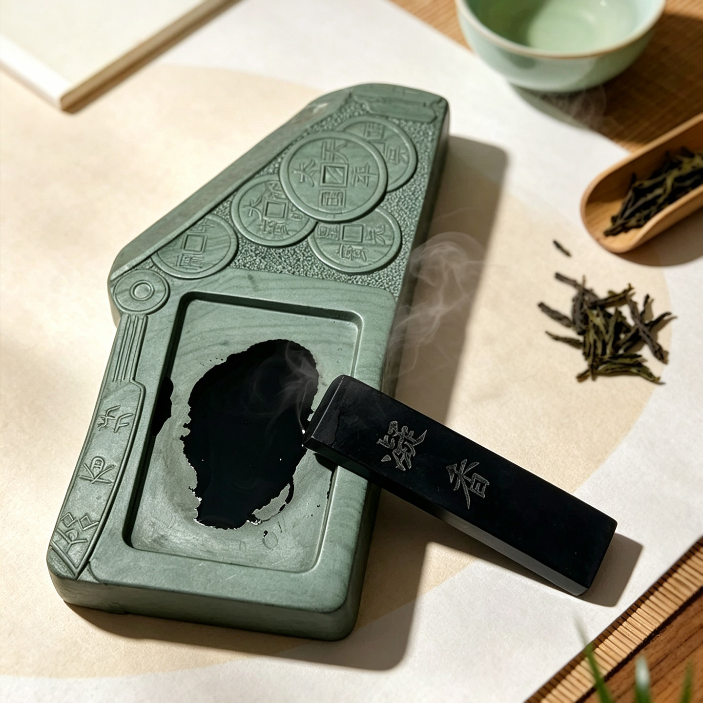手工古币纹洮砚 四大名砚洮河绿石砚台文房收藏摆件书法研墨用砚