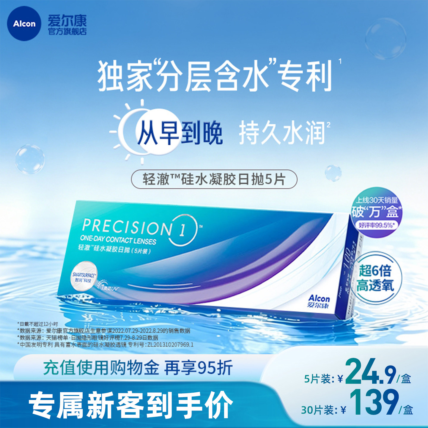 分层含水爱尔康隐形眼镜硅水凝胶轻澈日抛5片装图片