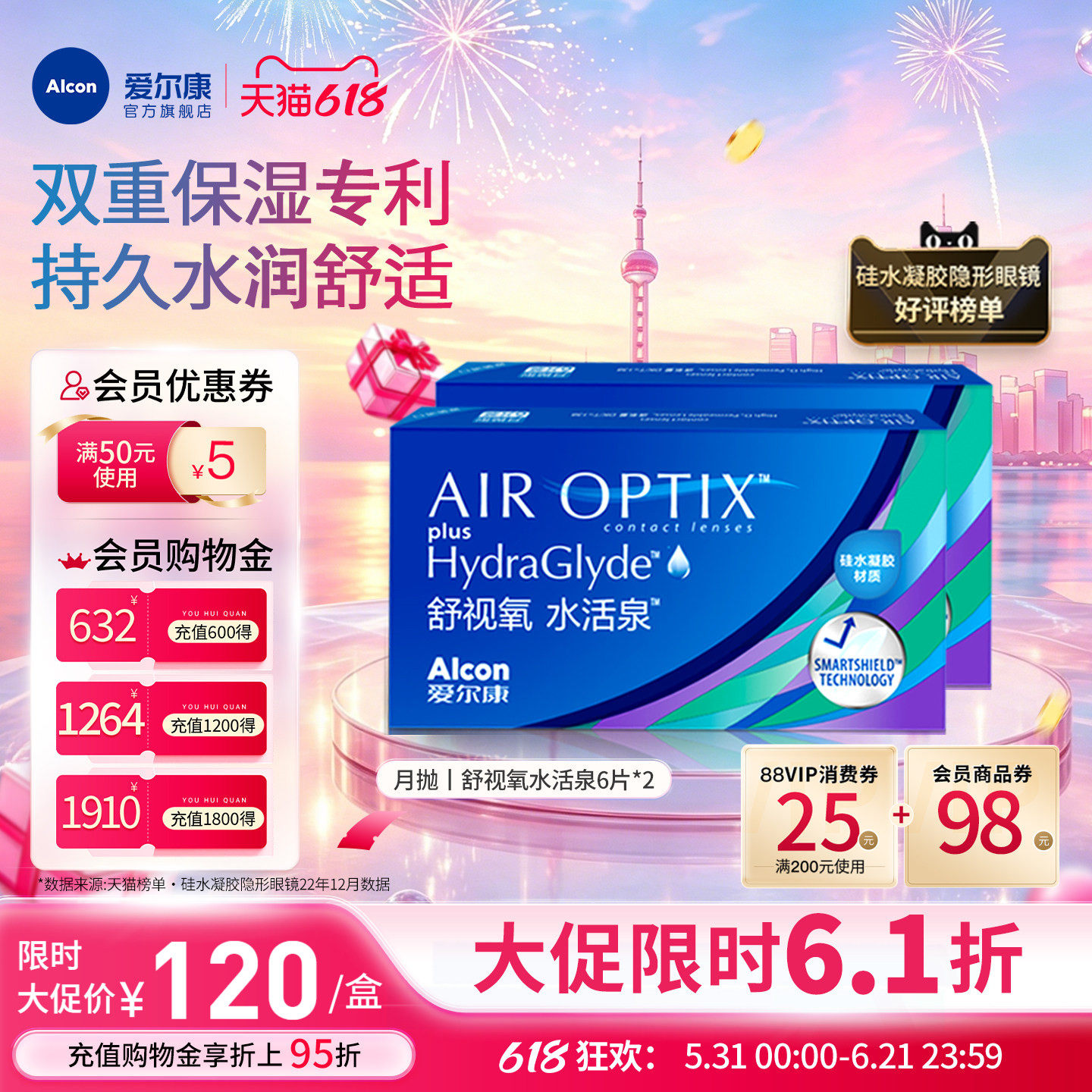 爱尔康视康舒视氧水活泉6片*2近视隐形眼镜月抛硅水凝胶保湿运动