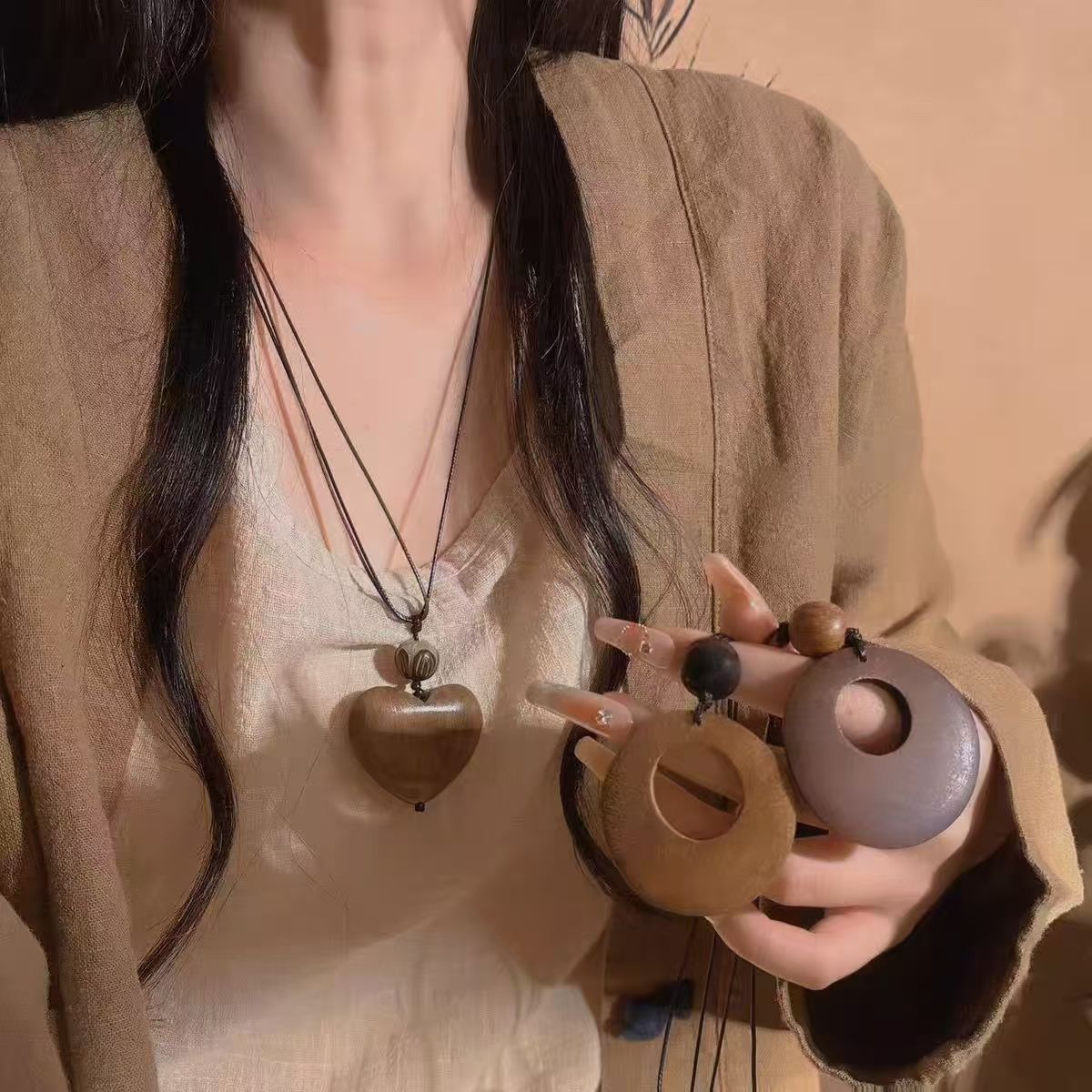 禅意国风木质平安扣吊坠项链女复古民族风长款蜡绳挂脖配饰毛衣链