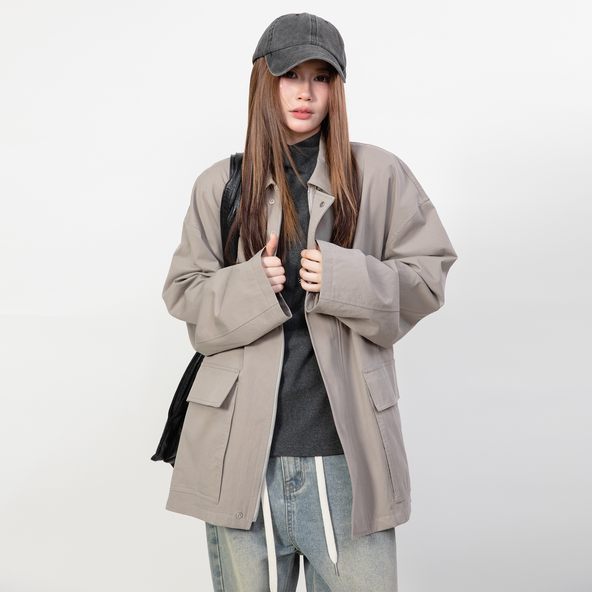 RHOMEHOUSE ins风极简廓形大口袋春秋女基础中长款大衣风衣外套