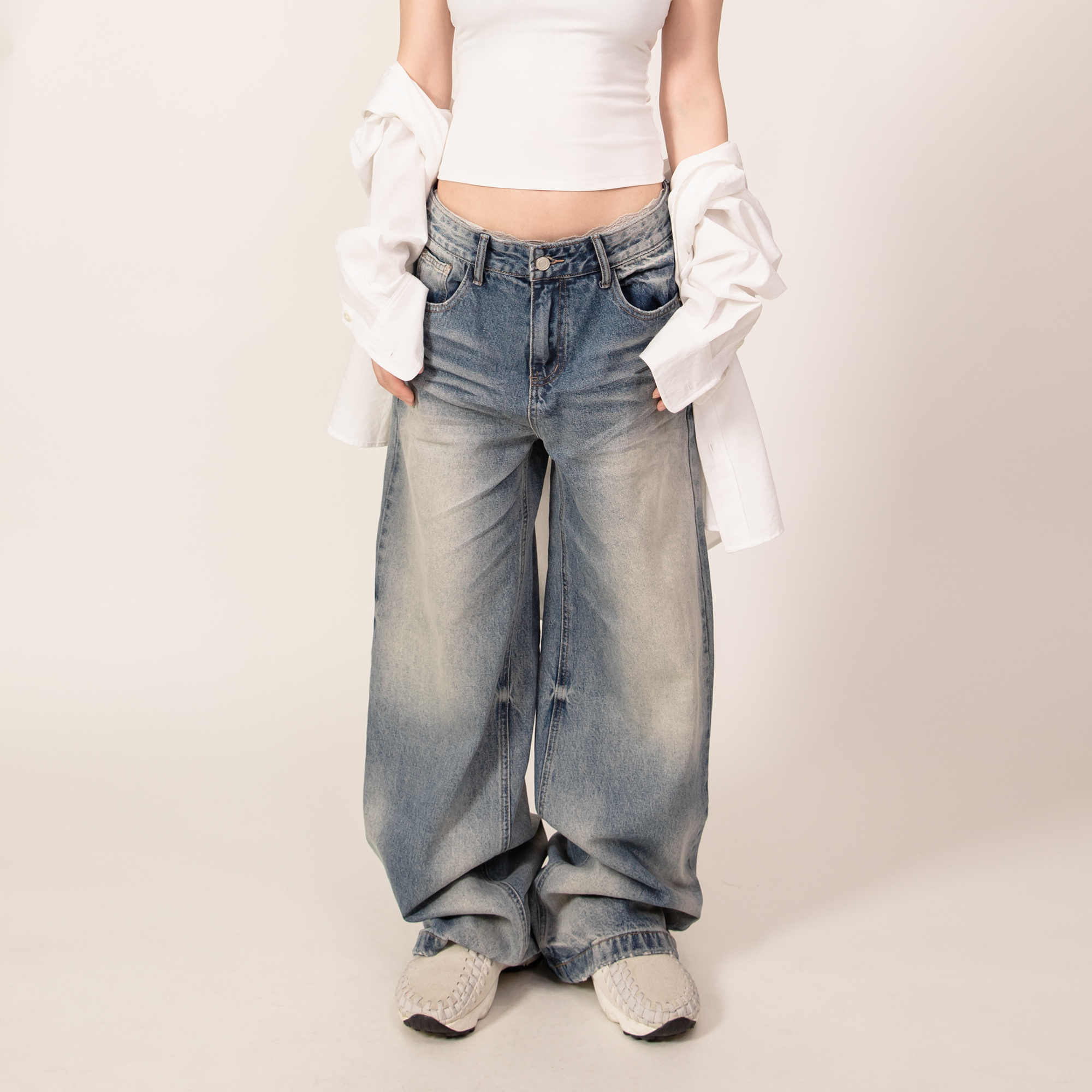 复古做旧水洗牛仔裤拖地女