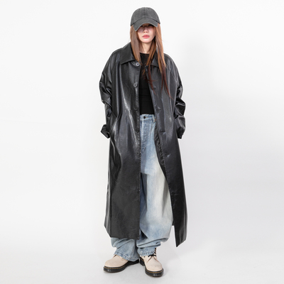 RHOMEHOUSE ins风韩版纯色pu皮肌理女秋冬长款西装方领外套皮衣