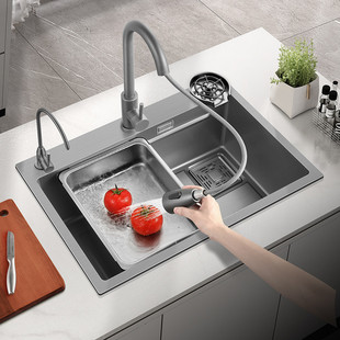 家用304不锈钢纳米洗碗槽台阶水盆 法杉厨房洗菜盆枪灰色水槽单槽