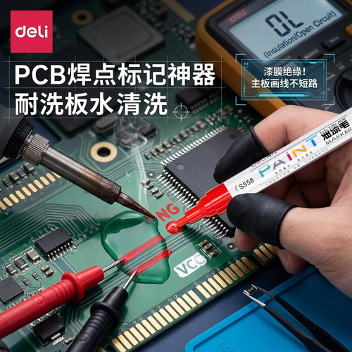 得力油漆笔防水工业不掉色PCB板补漆笔金属描漆汽车螺丝记号笔标记电工防水防刮擦防油防篡改不易褪色速干