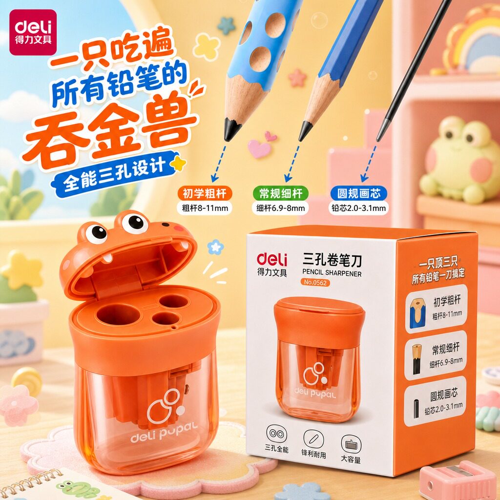 得力三孔卷笔刀小学生儿童用迷你手动加粗铅笔刀多口径笔刀幼儿园家用便携文具自动削笔刀图片