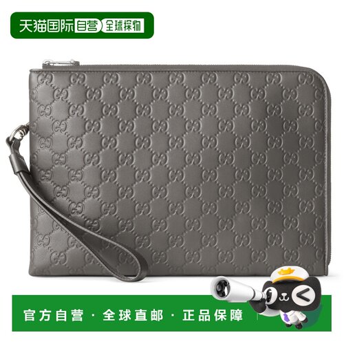自营欧洲直邮GUCCI古驰 GG Emblem灰色GG Supreme帆布手拿包