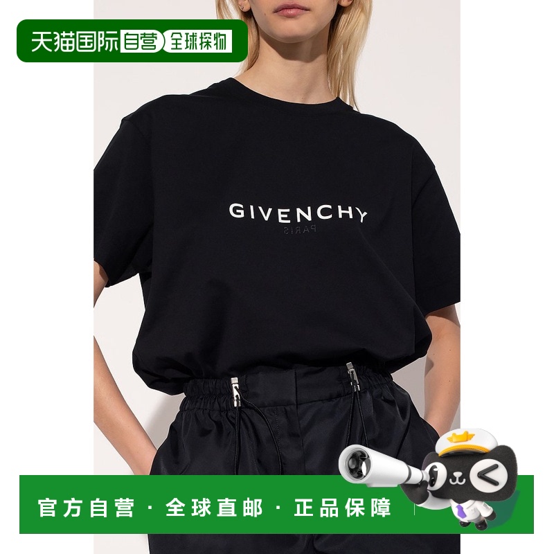 香港直邮Givenchy 黑色徽标印花圆领T恤 BM71533Y6BF