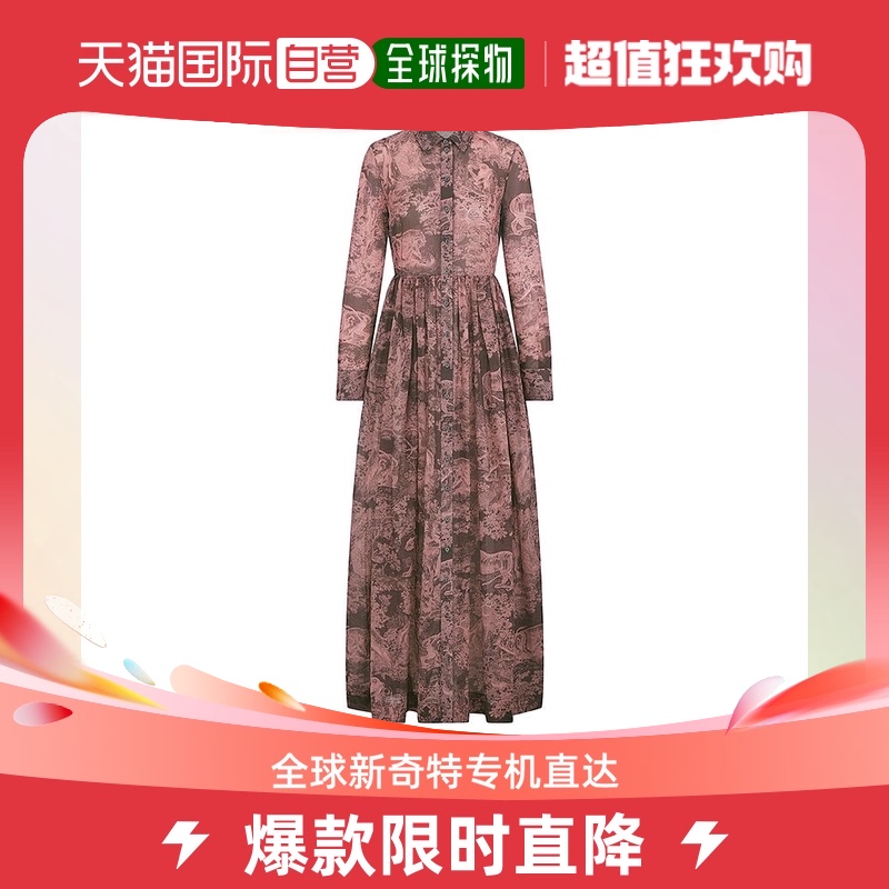 欧洲直邮DIOR/迪奥23新款 女粉灰色印花纯棉带扣衬衫式长连衣裙