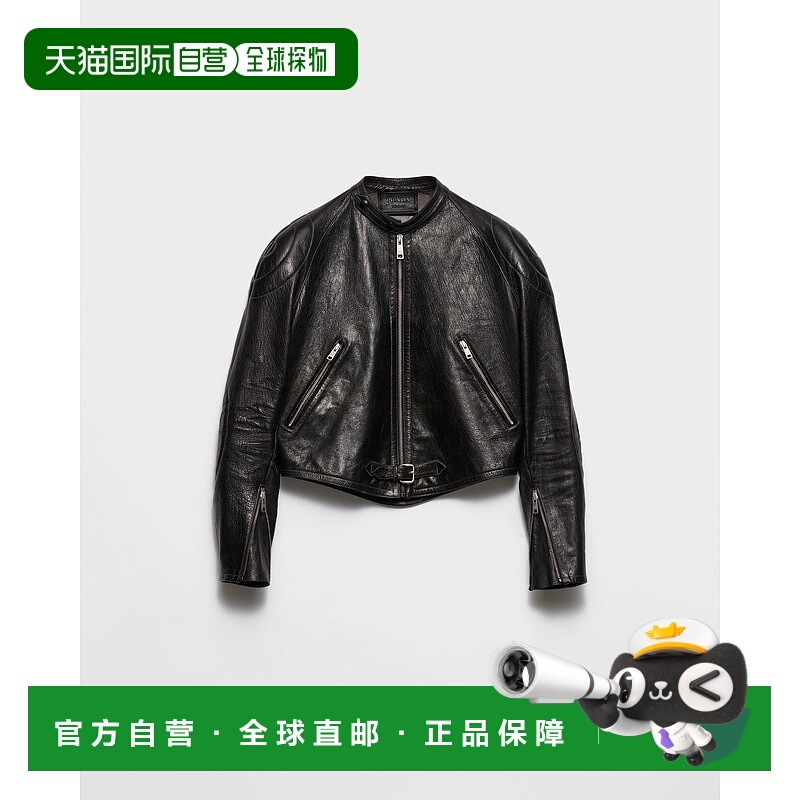 自营欧洲直邮Prada普拉达 女士黑色山羊皮拉链开合夹克