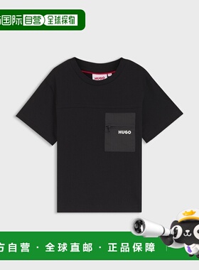 欧洲直邮Hugo Boss 4-14岁儿童黑色棉印花徽标短袖T恤
