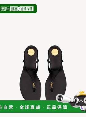 自营欧洲直邮YSL圣罗兰 CASSANDRA系列女士黑色小羊皮logo标识凉