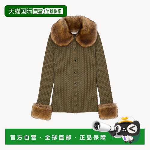 自营欧洲直邮YSL圣罗兰 女士卡其色/棕褐色羊绒羊毛皮绞花针织开