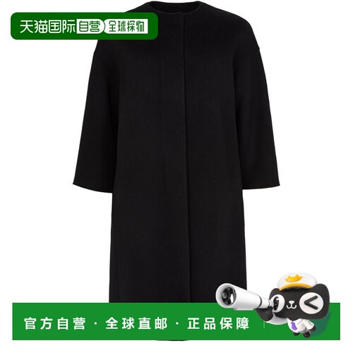 自营欧洲直邮S MAX MARA Helene女士黑色羊毛无领七分袖大衣