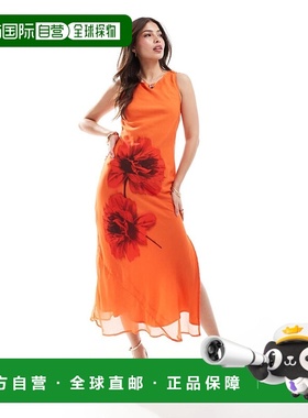 香港直邮ASOS 女士 column 设计拼接橙色印花中长连衣裙