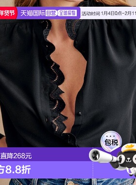 自营欧洲直邮Sezane 女士真丝黑色泡泡袖衬衫新款