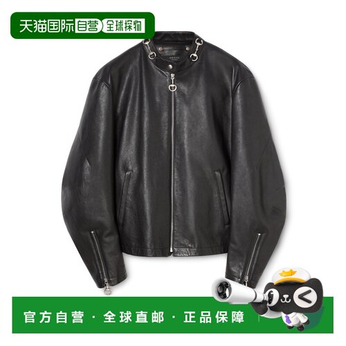 自营欧洲直邮GUCCI古驰 La Famiglia男士黑色皮革马衔扣夹克