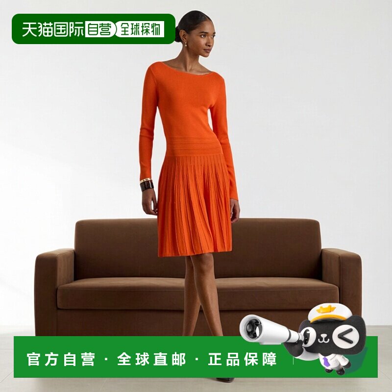 自营欧洲直邮Ralph Lauren拉夫劳伦 女士橙色船领褶皱溜冰连衣裙