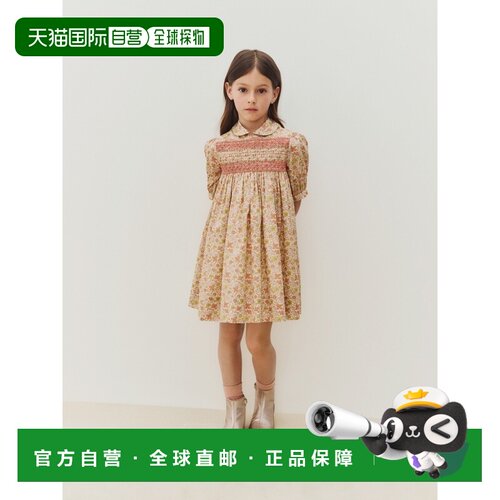 欧洲直邮Bonpoint 女孩粉色/多色有机棉Liberty手工刺绣连衣裙