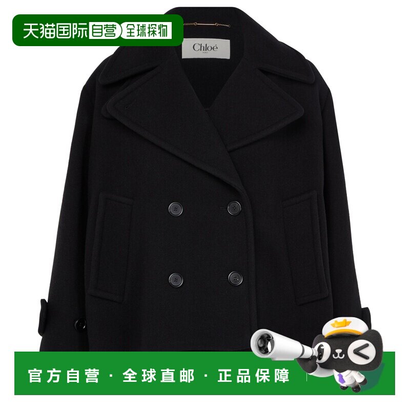 欧洲直邮自营CHLOE蔻依 女士黑色羊毛双排扣短款大衣长袖休闲风