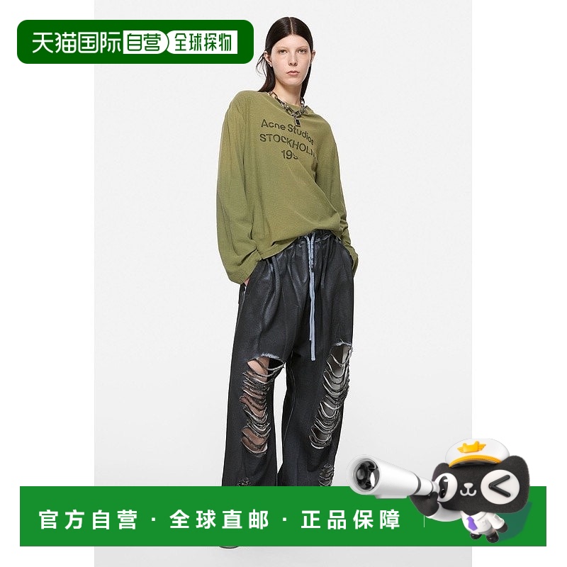 欧洲直邮Acne Studios  FW25男女通用橄榄绿棉/麻印花长袖上衣T恤