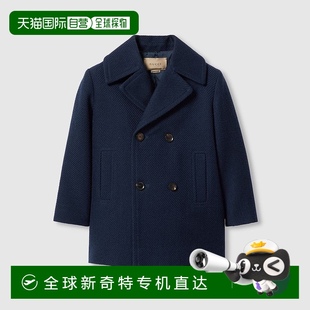 欧洲直邮Gucci古驰女孩深蓝色儿童织带条纹羊毛大衣新款