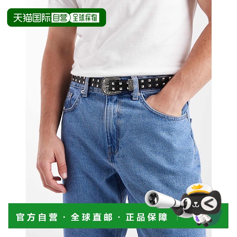 香港直邮ASOS 男士 western 设计铆钉细款仿皮皮带(黑色)腰带
