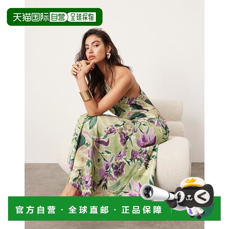 1h可退 香港直邮ASOS 女士 EDITION 单肩缝线宽裙摆绿色印花长款