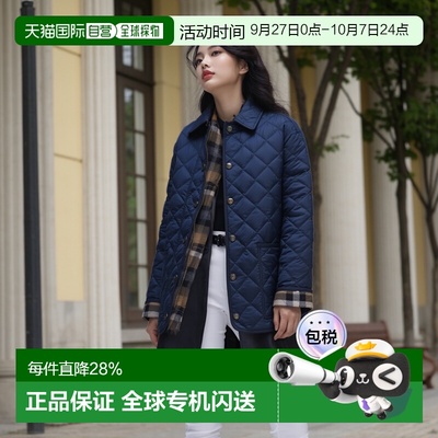 自营欧洲直邮BURBERRY博柏利 女士单排扣翻领海军蓝长袖棉服外套