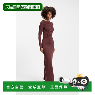 欧洲直邮自营HUGO BOSS雨果博斯 女士棕色莫代尔混纺船领修身连衣