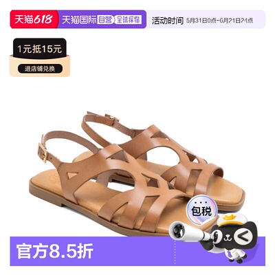 欧洲直邮PORRONET西班牙手工真皮几何纹双扣平底凉鞋BILLY棕褐色