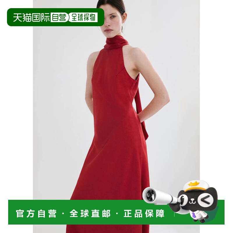 自营欧洲直邮MANGO 女士红色聚酯纤维褶皱剪裁性感美式长款连衣裙图片
