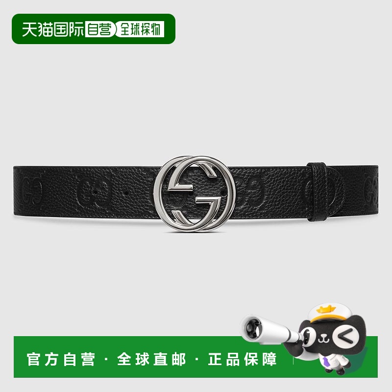 自营欧洲直邮Gucci古驰男士黑色皮革GG宽腰带皮带