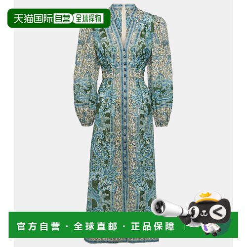 香港直邮ZIMMERMANN 女士 Ottie 深V佩斯利亚麻中长连衣裙