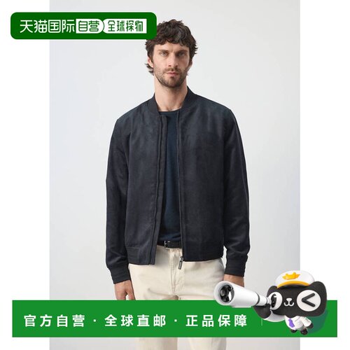 自营欧洲直邮MANGO 男士海军蓝聚酯纤维仿皮革飞行夹克长袖