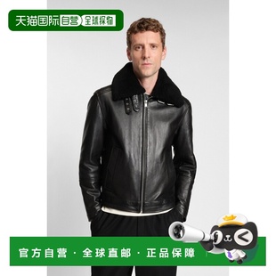 自营欧洲直邮Hugo Boss 男士黑色羔羊皮拉链门襟皮衣