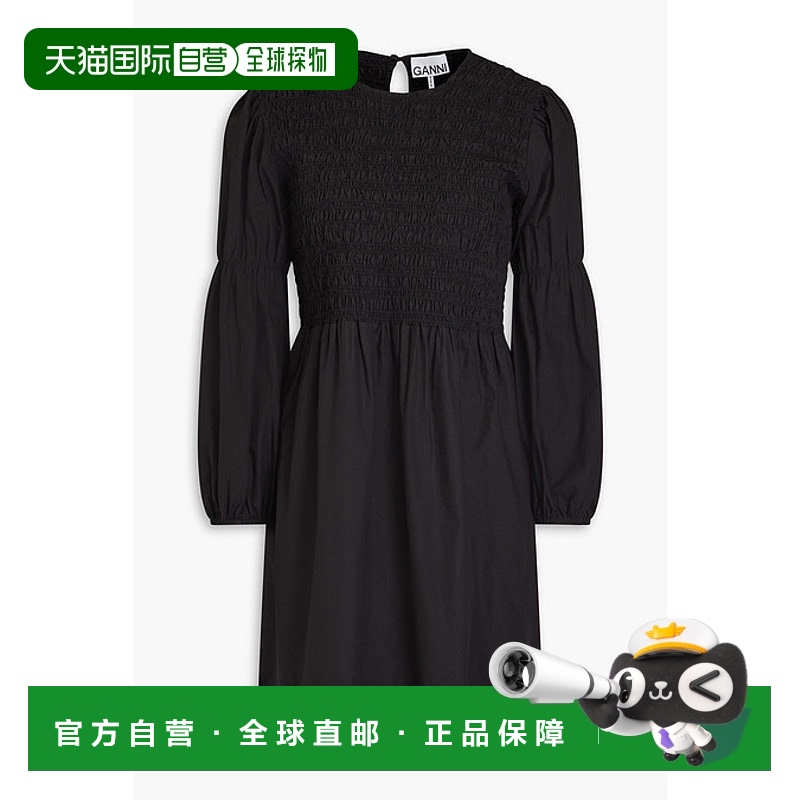香港直邮GANNI 甘尼 女士 抽褶棉质府绸迷你连衣裙 F849499BL