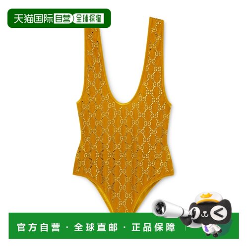 自营欧洲直邮GUCCI古驰 女士芥末黄色粘胶纤维GG水晶连体衣泳衣