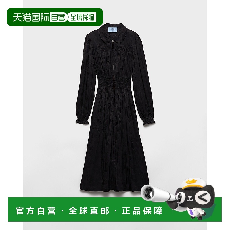 自营欧洲直邮Prada普拉达 女士烟灰色粘胶纤维圆领长袖连衣裙真丝